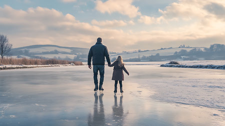 Generative AI Image of Father and Child Enjoy Ice Skating Together on Frozen Lake at Bright Dayの素材