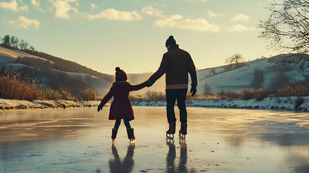 Generative AI Image of Father and Child Enjoy Ice Skating on Frozen Lake at Peaceful Morningの素材