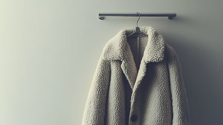 Generative AI Image of Minimalist Winter Coat Hanging on Metal Hook with Light Grey Backgroundの素材