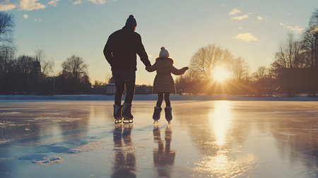Generative AI Image of Father and Child Enjoy Ice Skating on Frozen Lake at Peaceful Morningの素材