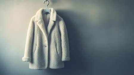 Generative AI Image of Minimalist Winter Coat Hanging on Metal Hook with Light Grey Backgroundの素材