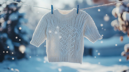 Generative AI Image of Warm Sweater Hanging on Snowy Clothes Line at Winter Snowfall Seasonの素材