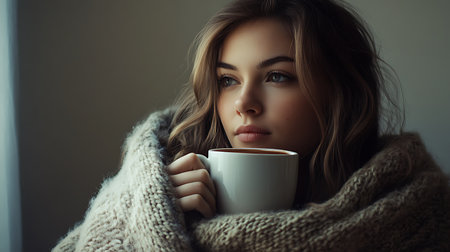 Generative AI Image of Woman Enjoying Drinking Hot Chocolate Wrapped in Warm Wool Blanketの素材