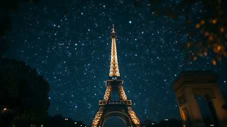 Generative AI Image of Majestic Eiffel Tower Shining Brightly at Dark Starry Night Skyの素材