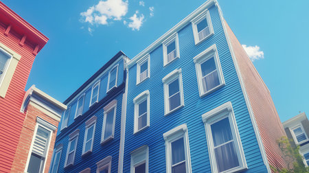 Generative AI Image of Pastel Colorful Modern Apartment at City Town with Bright Cloud Skyの素材