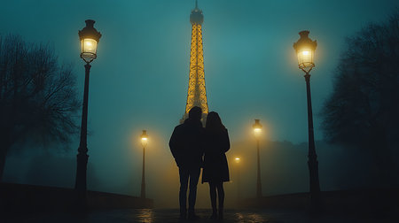 Generative AI Image of Romantic Couple Standing on Park Street with Eiffel Tower View at Cloudy Skyの素材