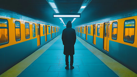 Generative AI Image of Man Wear Jacket Walking in Modern Quiet Railway Station at Dark Nightの素材