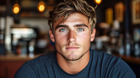 Generative AI Image of Handsome Man Standing in Modern Coffee Shop with Smile Happy Expressionの素材