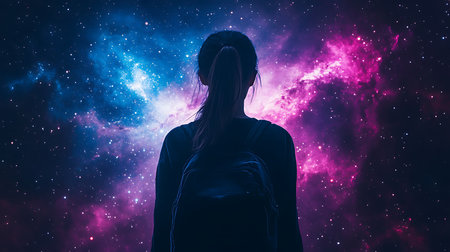 Generative AI Image of A Beautiful Young Woman Standing Between Stars at Nightの素材