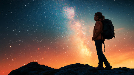 Generative AI Image of Beautiful Young Woman Standing at Hill with View Night Sky and Starsの素材