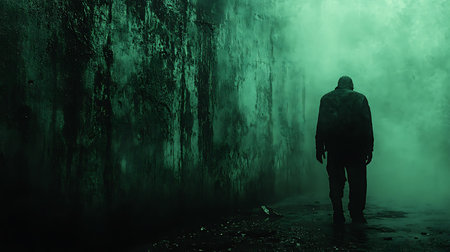 Generative AI Image of Urban Abstract Portrait Man Standing in Creepy Dark Indoor Room Buildingの素材