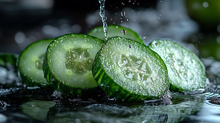 Generative AI Image of Sliced Cucumbers Floating in Icy Cold Fresh Liquid Fresh Water Fluidの素材