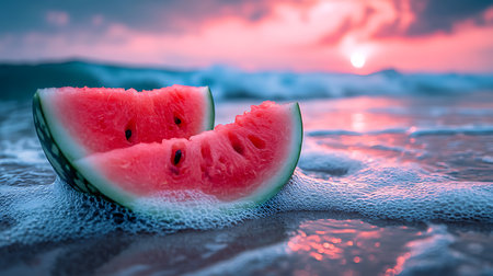 Generative AI Image of Fresh Healthy Sliced Watermelon in Seashore Ocean Beach at Golden Sunset Skyの素材