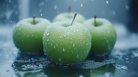 Generative AI Image of Green Fresh Apples with Dewdrop Water Point on Sleek Watery Foam Surfaceの素材