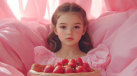 Generative AI Image of Cute Little Girl Holding Basket of Strawberries on Pink Fabric Backgroundの素材