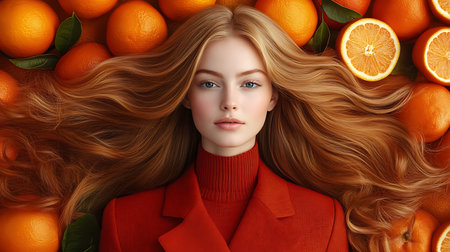 Generative AI Image of Beautiful Young Woman with Loose Hair and Some Orange Slicesの素材