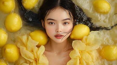 Generative AI Image of Beautiful Young Woman Soaking in Water with Some Lemon Slicesの素材