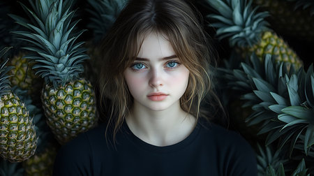 Generative AI Image of Beautiful Gracefully Woman Standing Surrounded by Pineapple Tree Leavesの素材