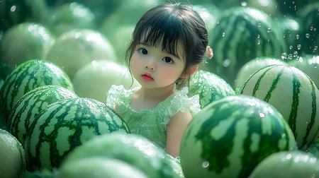 Generative AI Image of Cute Girl Being among Wet Watermelons with Splashes Water Aroundの素材