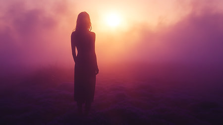 Generative AI Image of Silhouette of Girl Standing in Mist at Forest with Weeds at Sunset Sunriseの素材