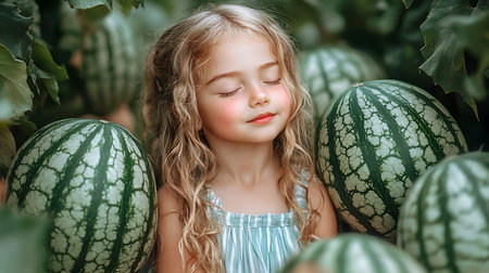 Generative AI Image of Cute Girl in Watermelon Plantation with Happy Expressionの素材