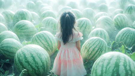 Generative AI Image of Cute Girl Standing in Watermelon Plantation with Fresh Watermelons Aroundの素材