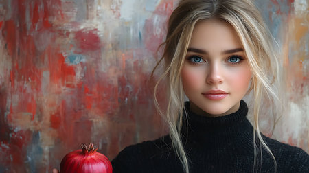 Generative AI Image of Beautiful Woman Holding Fresh Pomegranate with Ancient Vintage Backgroundの素材