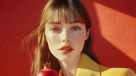 Generative AI Image of Beautiful Woman Holding Fresh Pomegranate with Vibrant Red Wall Backgroundの素材