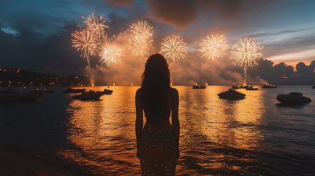 Generative AI Image of Silhouette of Woman Standing by the Lake Watching Fireworksの素材