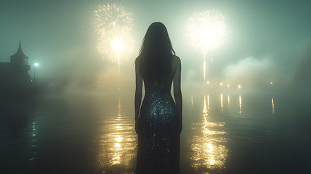 Generative AI Image of Woman in Sparkling Dress Standing on Beach Looking at Fireworksの素材