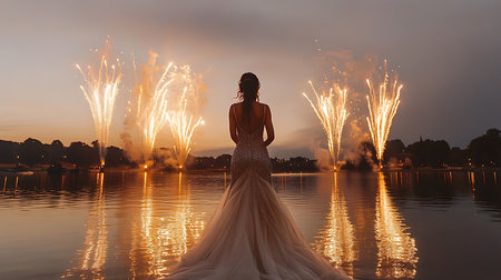 Generative AI Image of Silhouette of Woman Standing by the Lake Watching Fireworksの素材