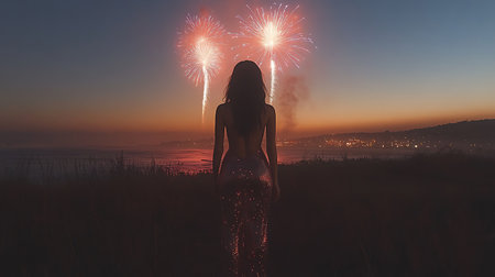 Generative AI Image of Silhouette of Woman Wearing Dress with Fireworks and Beach Backgroundの素材