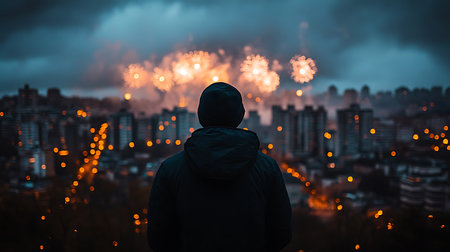 Generative AI Image of A Man Sitting on Top of Apartment Building with City View and Fireworksの素材