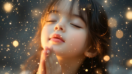 Generative AI Image of Cute Little Girl Making a Wish with Bokeh Light at Nightの素材