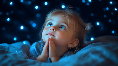 Generative AI Image of Cute Little Girl Making a Wish with Bokeh Light at Nightの素材