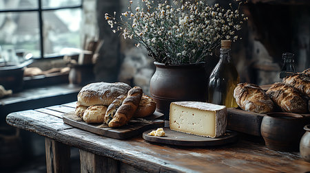 Generative AI Image of Swiss Cheese with Bread on a Table with Neat Decorationの素材