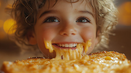 Generative AI Image of Little Boy Enjoys Grilled Cheese Sandwich with Cheerful Expressionの素材
