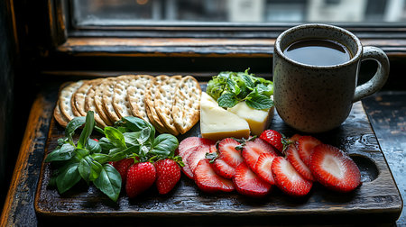 Generative AI Image of Elegant Charcuterie Board with Cheese Fruit and Black Coffeeの素材