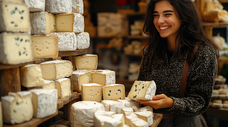 Generative AI Image of Beautiful Girl with Various Cheese Pilesの素材