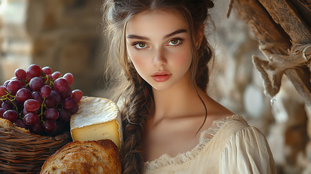 Generative AI Image of Beautiful Young Woman with Cheese Grape Fruit and Breadの素材