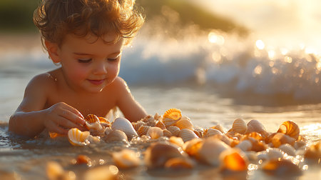Generative AI Image of Cute Little Boy Collecting Shells on Sandy Beach at Sunsetの素材