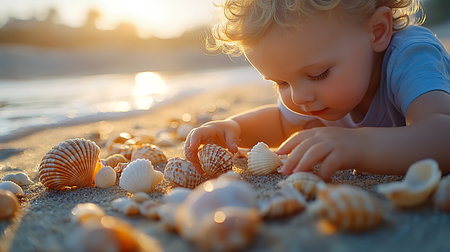 Generative AI Image of Cute Little Boy Collecting Shells on Sandy Beach at Sunsetの素材
