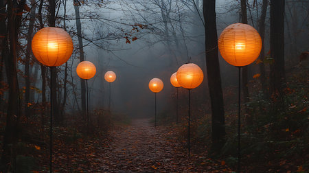 Generative AI Image of Row Lanterns Hanging on Road Leading Into the Misty Forestの素材