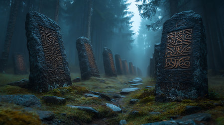 Generative AI Image of Ancient Ruins in the Forest Surrounded by Magical Runesの素材