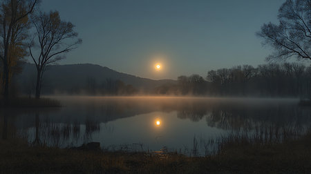 Generative AI Image of Serene Lake Reflecting the Light of Full Moon with Misty Forest and Hillの素材