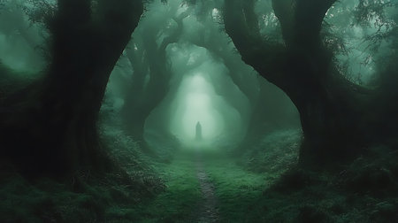 Generative AI Image of Ghost Standing in Haunted Forest Surrounded by Thick Misty Fog at Nightの素材