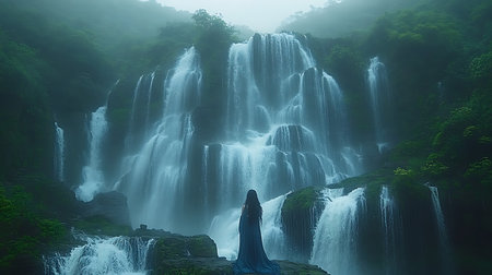 Generative AI Image of Back View of Goddess Silhouette Standing in Forest with Misty Waterfallの素材