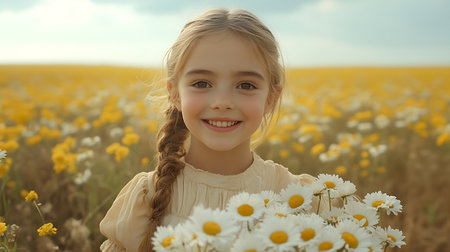 Generative AI Image of Little Girl with Bouquet of Daisies Flower in the Garden on Sunny Dayの素材