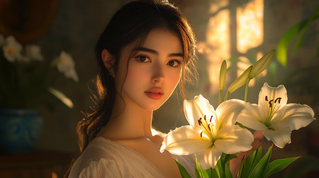 Generative AI Image of Elegant Woman Holding White Lily Flower Standing Near Window at Sunsetの素材