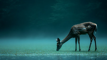 Generative AI Image of Deer Roe Animal Wildlife Eating Grass in Jungle with Foggy Skyの素材